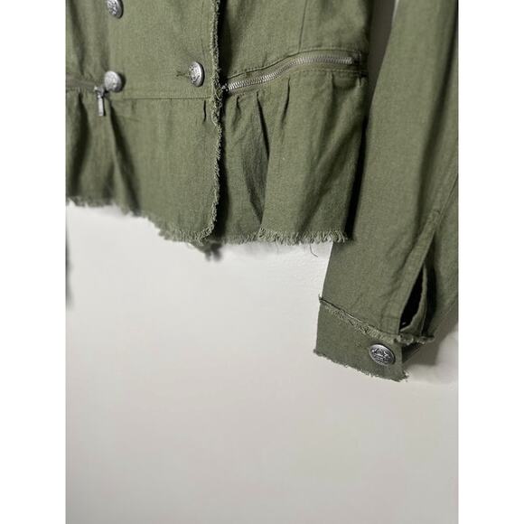 Venus Army Green Military Style Jacket Womens Small Raw Hem Linen Blend Button - Picture 3 of 9